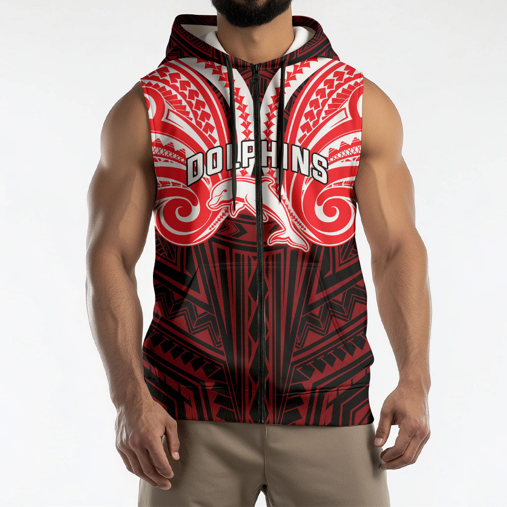 Custom Dolphins Sleeveless Zip Hoodie Dolphin Warrior Polynesia Islander Rugby Mascot