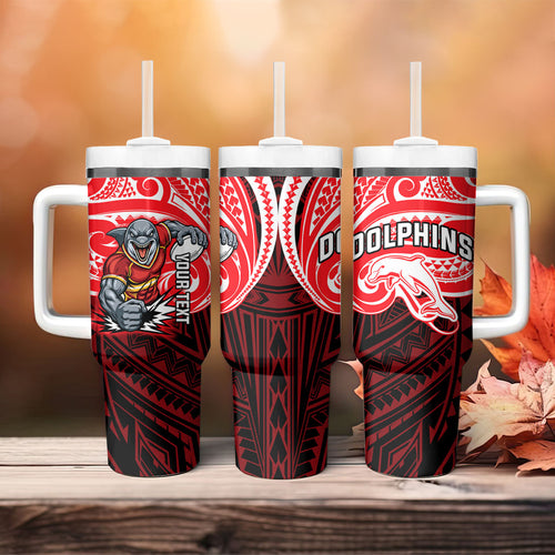 Custom Dolphins Tumbler With Handle Dolphin Warrior Polynesia Islander Rugby Mascot