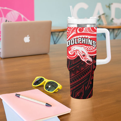Custom Dolphins Tumbler With Handle Dolphin Warrior Polynesia Islander Rugby Mascot