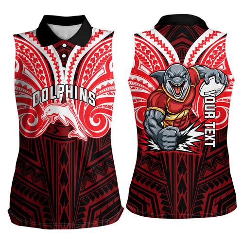 Custom Dolphins Women Sleeveless Polo Shirt Dolphin Warrior Polynesia Islander Rugby Mascot