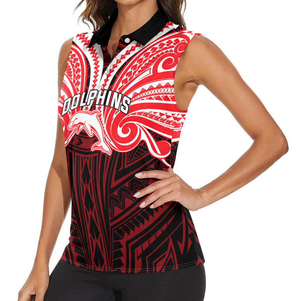Custom Dolphins Women Sleeveless Polo Shirt Dolphin Warrior Polynesia Islander Rugby Mascot