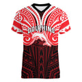 Custom Dolphins Women V-Neck T-Shirt Dolphin Warrior Polynesia Islander Rugby Mascot