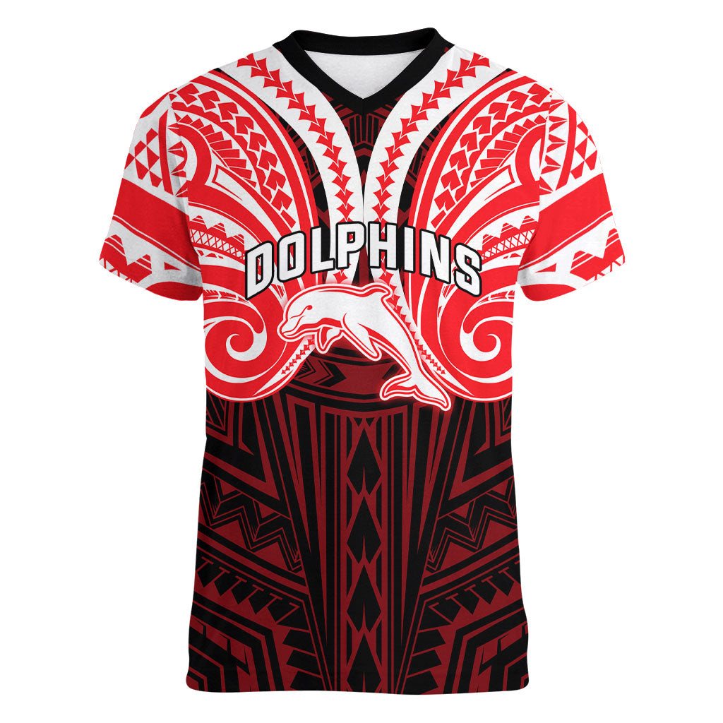Custom Dolphins Women V-Neck T-Shirt Dolphin Warrior Polynesia Islander Rugby Mascot