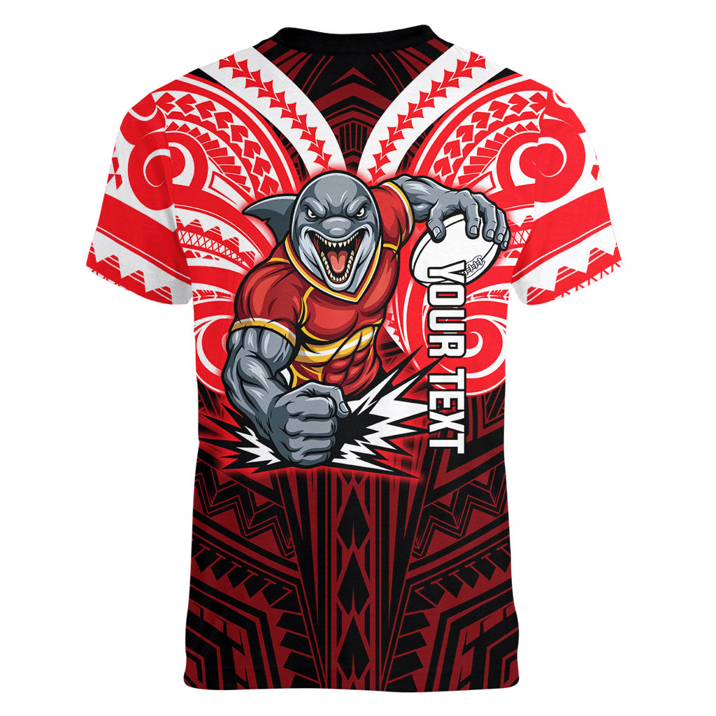 Custom Dolphins Women V-Neck T-Shirt Dolphin Warrior Polynesia Islander Rugby Mascot
