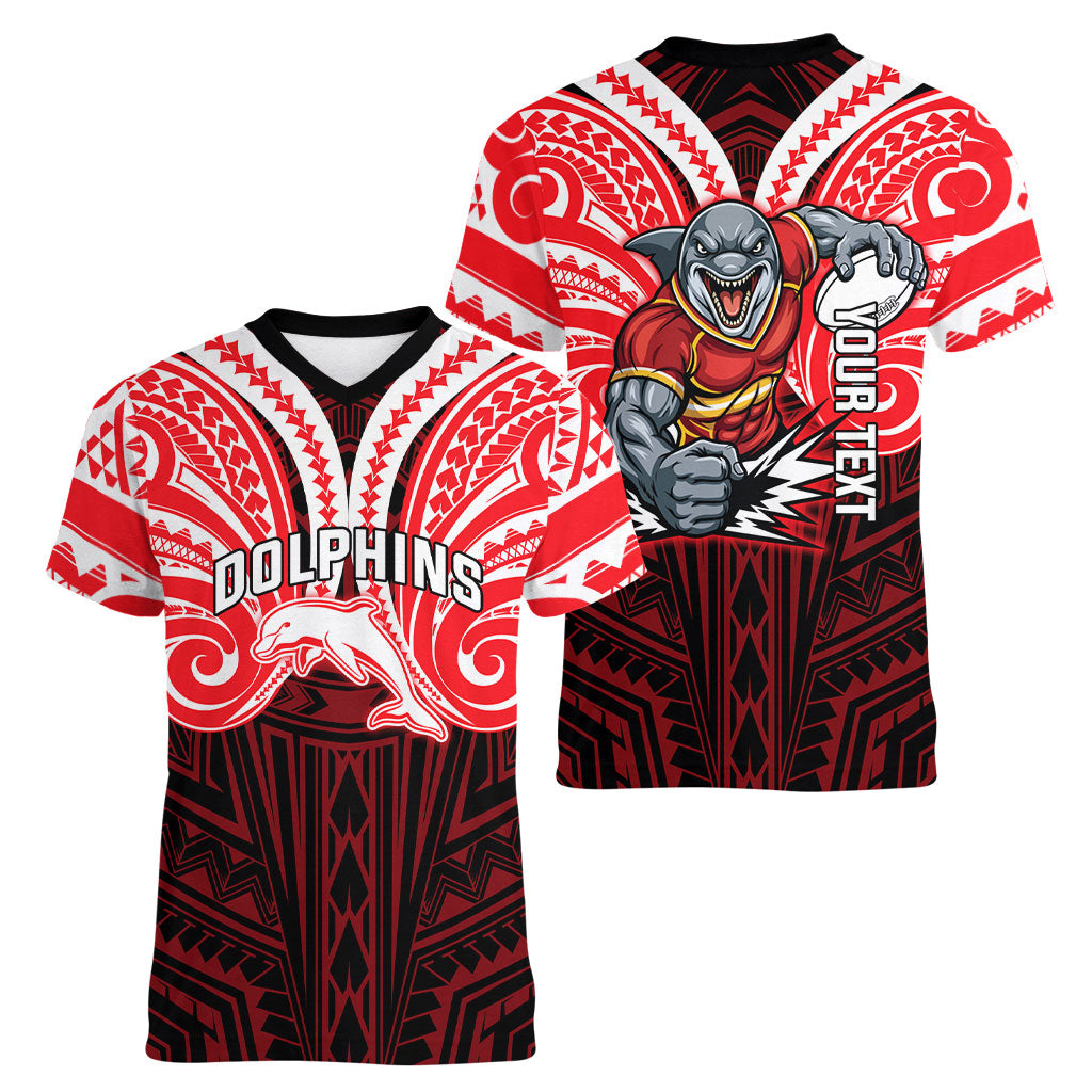Custom Dolphins Women V-Neck T-Shirt Dolphin Warrior Polynesia Islander Rugby Mascot