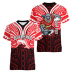Custom Dolphins Women V-Neck T-Shirt Dolphin Warrior Polynesia Islander Rugby Mascot