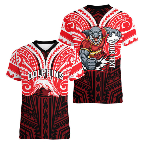 Custom Dolphins Women V-Neck T-Shirt Dolphin Warrior Polynesia Islander Rugby Mascot