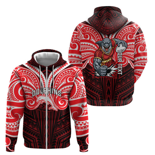 Custom Dolphins Zip Hoodie Dolphin Warrior Polynesia Islander Rugby Mascot