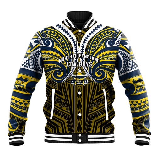 Custom North Queensland Cowboys Baseball Jacket Bull Warrior Polynesia Islander Rugby Mascot