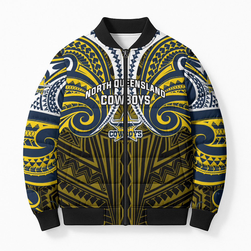 Custom North Queensland Cowboys Bomber Puffer Jacket Bull Warrior Polynesia Islander Rugby Mascot