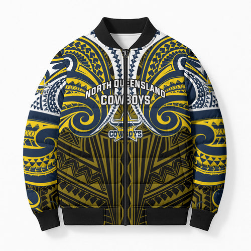 Custom North Queensland Cowboys Bomber Puffer Jacket Bull Warrior Polynesia Islander Rugby Mascot