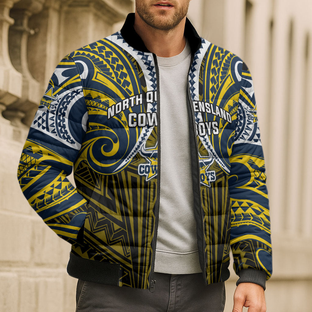Custom North Queensland Cowboys Bomber Puffer Jacket Bull Warrior Polynesia Islander Rugby Mascot