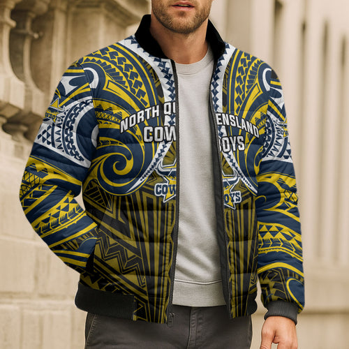 Custom North Queensland Cowboys Bomber Puffer Jacket Bull Warrior Polynesia Islander Rugby Mascot