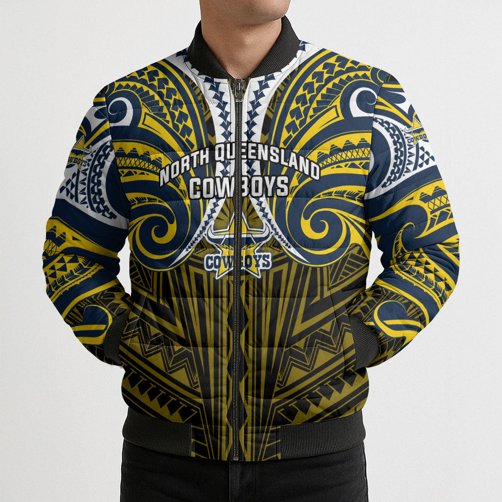 Custom North Queensland Cowboys Bomber Puffer Jacket Bull Warrior Polynesia Islander Rugby Mascot