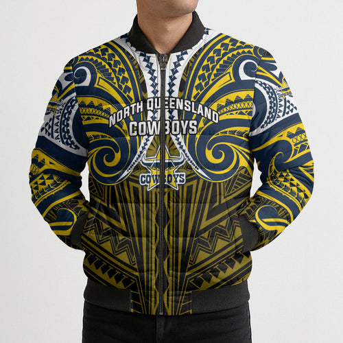 Custom North Queensland Cowboys Bomber Puffer Jacket Bull Warrior Polynesia Islander Rugby Mascot