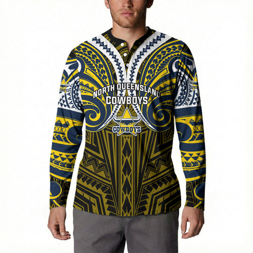Custom North Queensland Cowboys Button Sweatshirt Bull Warrior Polynesia Islander Rugby Mascot