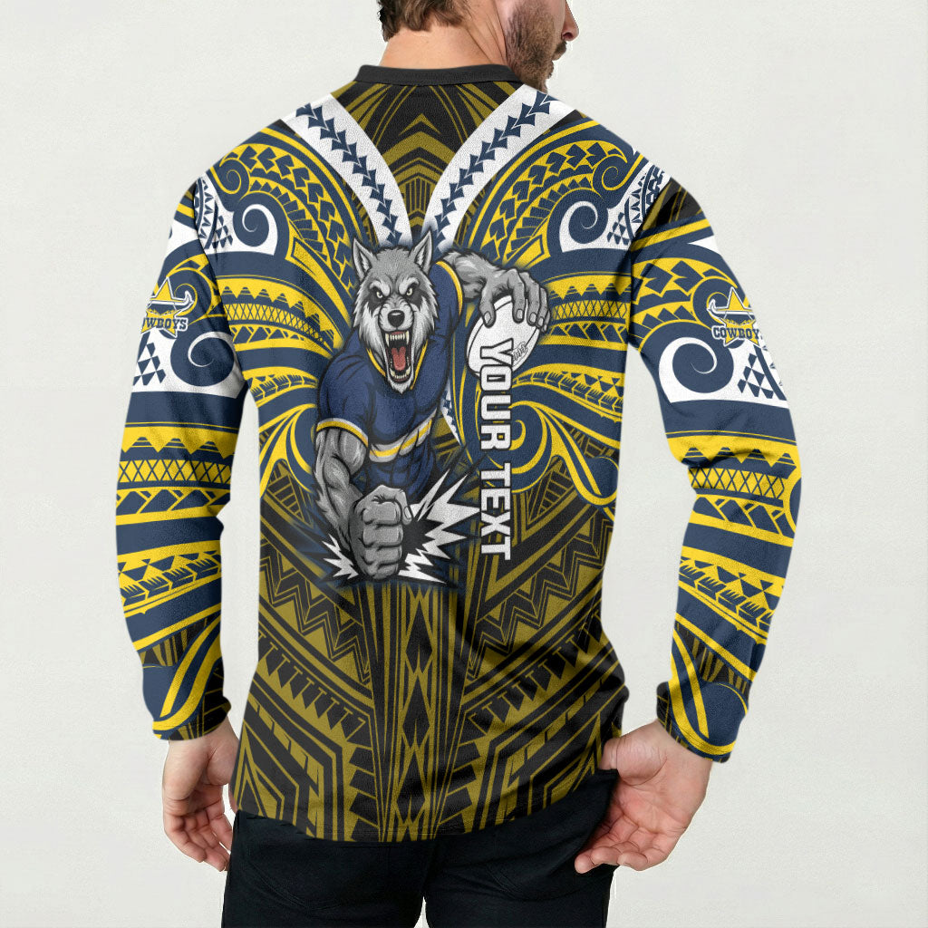 Custom North Queensland Cowboys Button Sweatshirt Bull Warrior Polynesia Islander Rugby Mascot