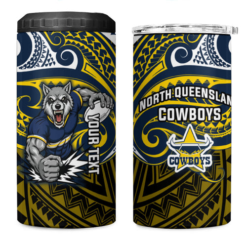 Custom North Queensland Cowboys 4 in 1 Can Cooler Tumbler Bull Warrior Polynesia Islander Rugby Mascot