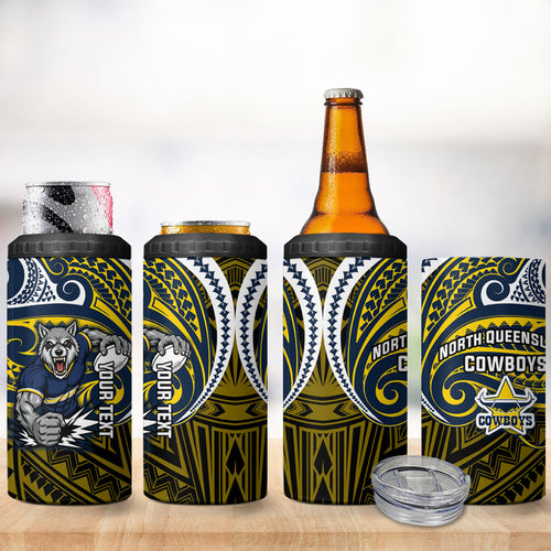 Custom North Queensland Cowboys 4 in 1 Can Cooler Tumbler Bull Warrior Polynesia Islander Rugby Mascot