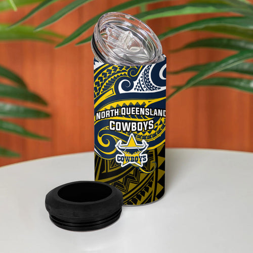 Custom North Queensland Cowboys 4 in 1 Can Cooler Tumbler Bull Warrior Polynesia Islander Rugby Mascot