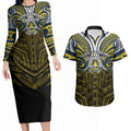 Custom North Queensland Cowboys Couples Matching Long Sleeve Bodycon Dress and Hawaiian Shirt Bull Warrior Polynesia Islander Rugby Mascot