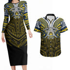 Custom North Queensland Cowboys Couples Matching Long Sleeve Bodycon Dress and Hawaiian Shirt Bull Warrior Polynesia Islander Rugby Mascot