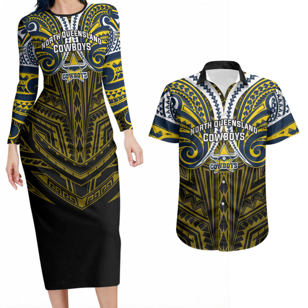 Custom North Queensland Cowboys Couples Matching Long Sleeve Bodycon Dress and Hawaiian Shirt Bull Warrior Polynesia Islander Rugby Mascot