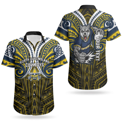 Custom North Queensland Cowboys Couples Matching Long Sleeve Bodycon Dress and Hawaiian Shirt Bull Warrior Polynesia Islander Rugby Mascot