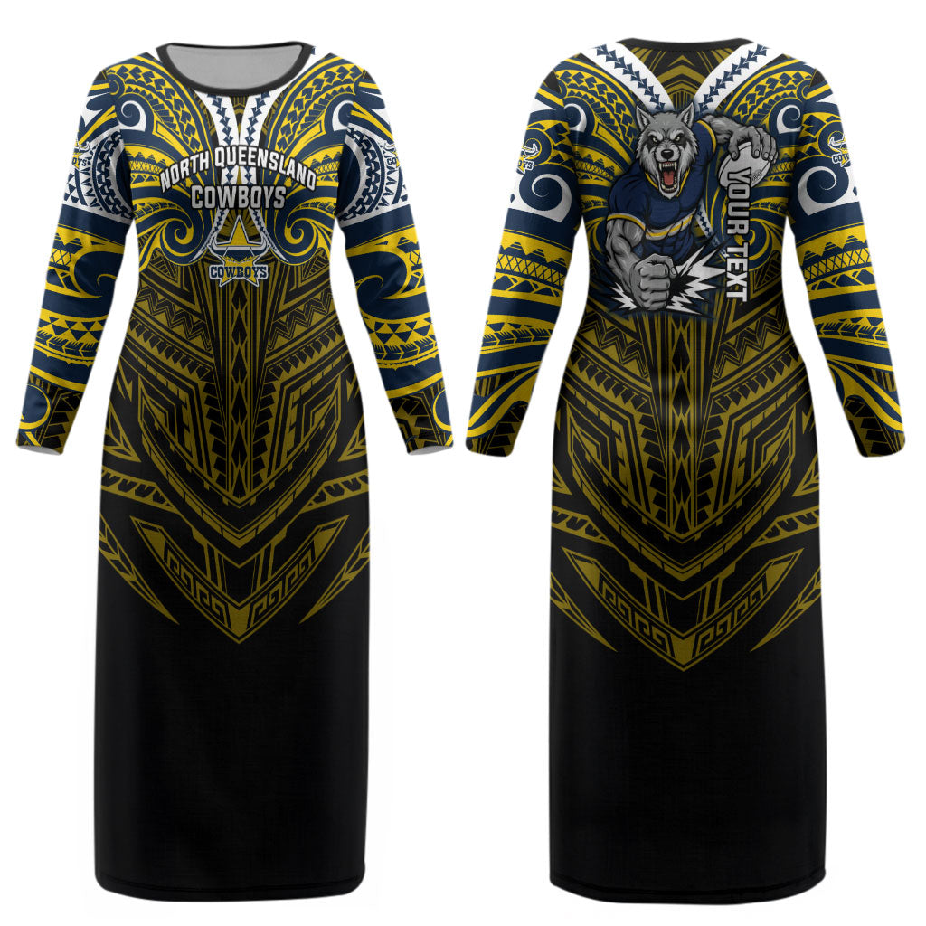 Custom North Queensland Cowboys Couples Matching Long Sleeve Bodycon Dress and Hawaiian Shirt Bull Warrior Polynesia Islander Rugby Mascot