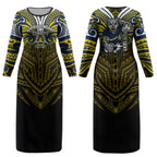 Custom North Queensland Cowboys Couples Matching Long Sleeve Bodycon Dress and Hawaiian Shirt Bull Warrior Polynesia Islander Rugby Mascot