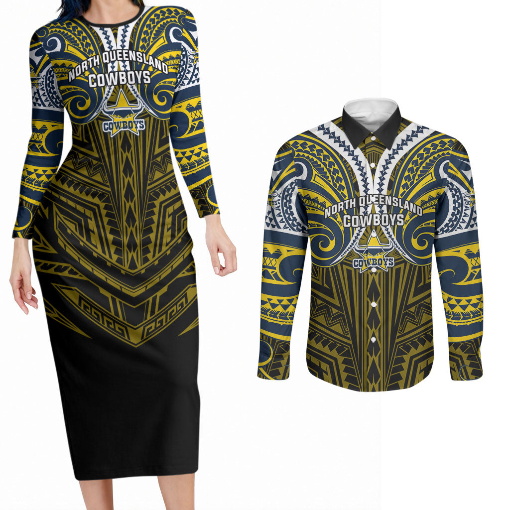 Custom North Queensland Cowboys Couples Matching Long Sleeve Bodycon Dress and Long Sleeve Button Shirt Bull Warrior Polynesia Islander Rugby Mascot