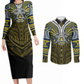Custom North Queensland Cowboys Couples Matching Long Sleeve Bodycon Dress and Long Sleeve Button Shirt Bull Warrior Polynesia Islander Rugby Mascot