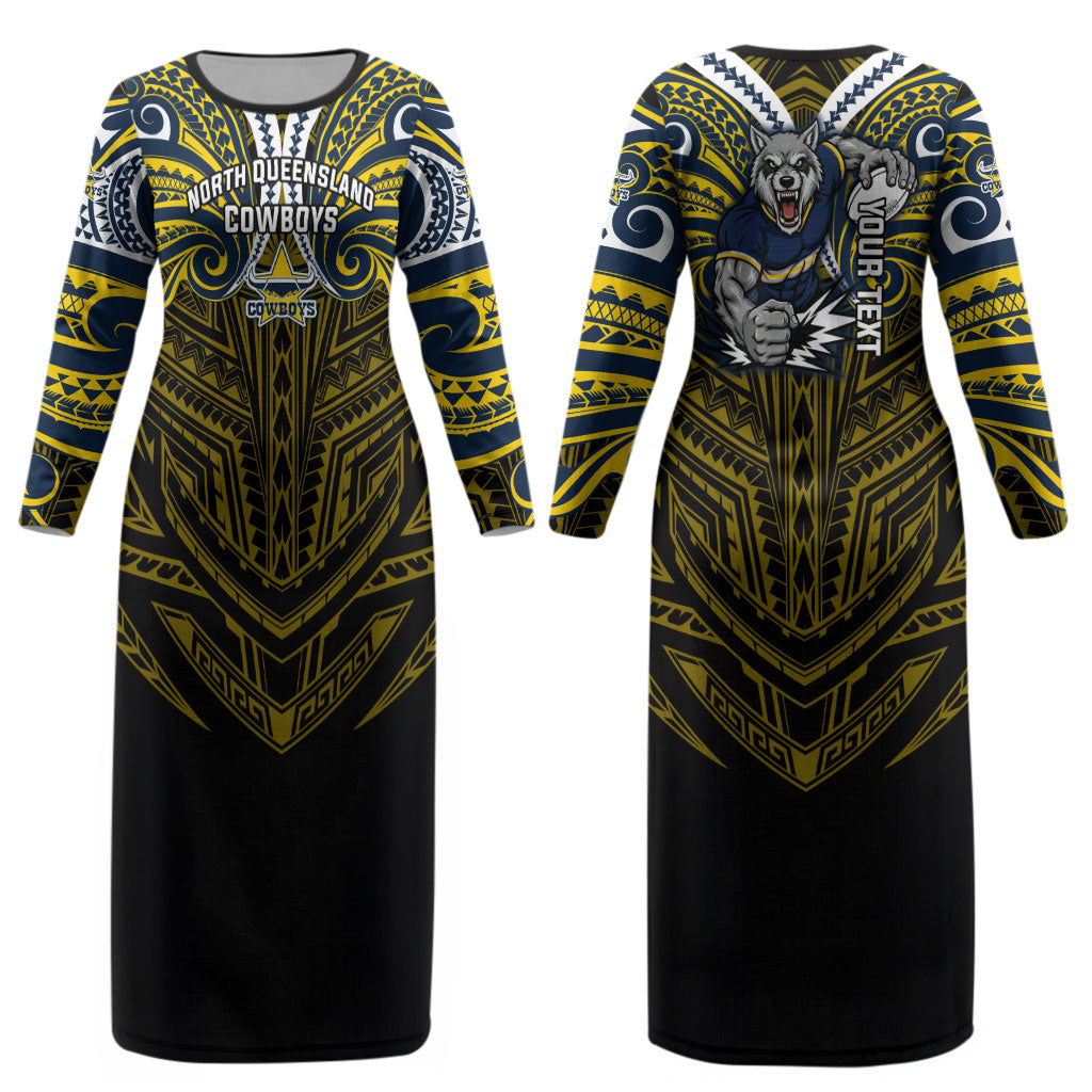 Custom North Queensland Cowboys Couples Matching Long Sleeve Bodycon Dress and Long Sleeve Button Shirt Bull Warrior Polynesia Islander Rugby Mascot