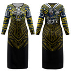 Custom North Queensland Cowboys Couples Matching Long Sleeve Bodycon Dress and Long Sleeve Button Shirt Bull Warrior Polynesia Islander Rugby Mascot