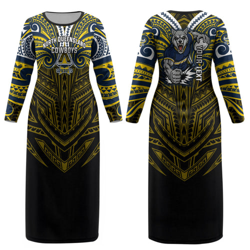 Custom North Queensland Cowboys Couples Matching Long Sleeve Bodycon Dress and Long Sleeve Button Shirt Bull Warrior Polynesia Islander Rugby Mascot