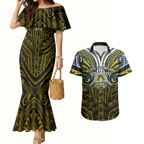 Custom North Queensland Cowboys Couples Matching Mermaid Dress and Hawaiian Shirt Bull Warrior Polynesia Islander Rugby Mascot