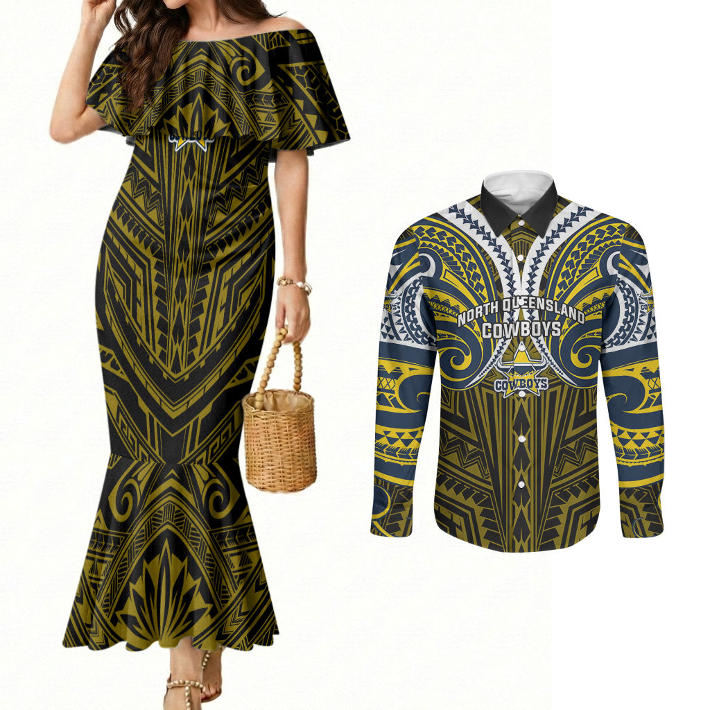Custom North Queensland Cowboys Couples Matching Mermaid Dress and Long Sleeve Button Shirt Bull Warrior Polynesia Islander Rugby Mascot