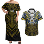 Custom North Queensland Cowboys Couples Matching Off Shoulder Maxi Dress and Hawaiian Shirt Bull Warrior Polynesia Islander Rugby Mascot