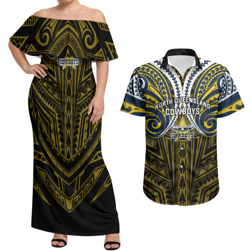 Custom North Queensland Cowboys Couples Matching Off Shoulder Maxi Dress and Hawaiian Shirt Bull Warrior Polynesia Islander Rugby Mascot
