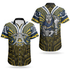 Custom North Queensland Cowboys Couples Matching Off Shoulder Maxi Dress and Hawaiian Shirt Bull Warrior Polynesia Islander Rugby Mascot