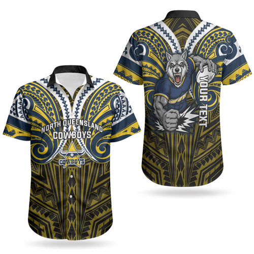 Custom North Queensland Cowboys Couples Matching Off Shoulder Maxi Dress and Hawaiian Shirt Bull Warrior Polynesia Islander Rugby Mascot