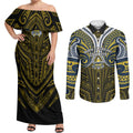 Custom North Queensland Cowboys Couples Matching Off Shoulder Maxi Dress and Long Sleeve Button Shirt Bull Warrior Polynesia Islander Rugby Mascot