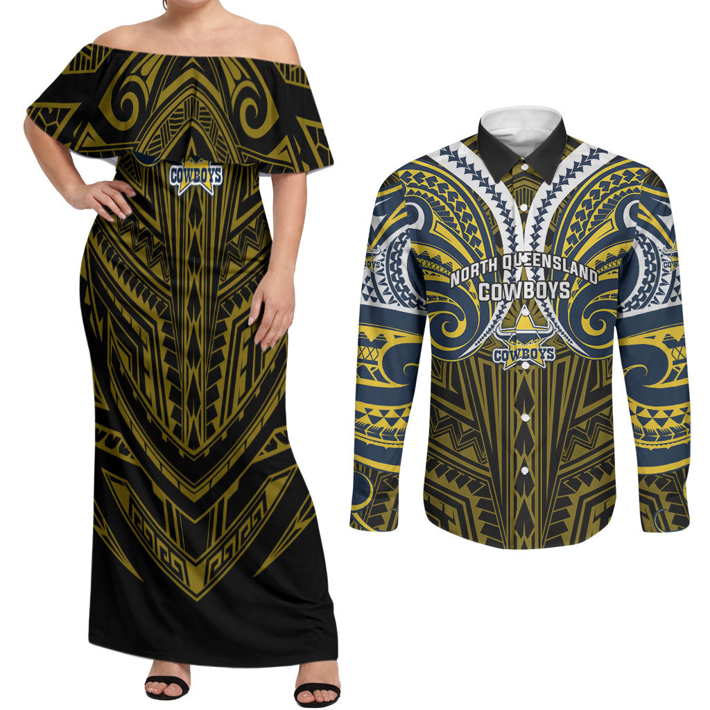 Custom North Queensland Cowboys Couples Matching Off Shoulder Maxi Dress and Long Sleeve Button Shirt Bull Warrior Polynesia Islander Rugby Mascot