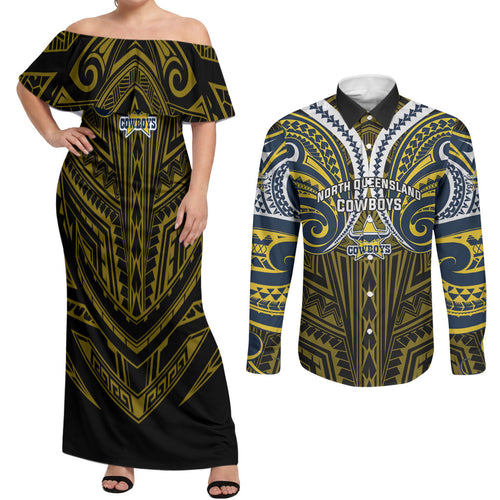 Custom North Queensland Cowboys Couples Matching Off Shoulder Maxi Dress and Long Sleeve Button Shirt Bull Warrior Polynesia Islander Rugby Mascot