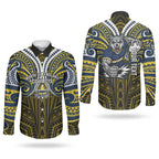 Custom North Queensland Cowboys Couples Matching Off Shoulder Maxi Dress and Long Sleeve Button Shirt Bull Warrior Polynesia Islander Rugby Mascot