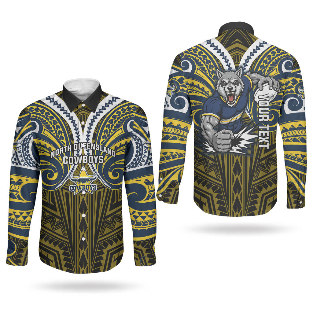 Custom North Queensland Cowboys Couples Matching Off Shoulder Maxi Dress and Long Sleeve Button Shirt Bull Warrior Polynesia Islander Rugby Mascot