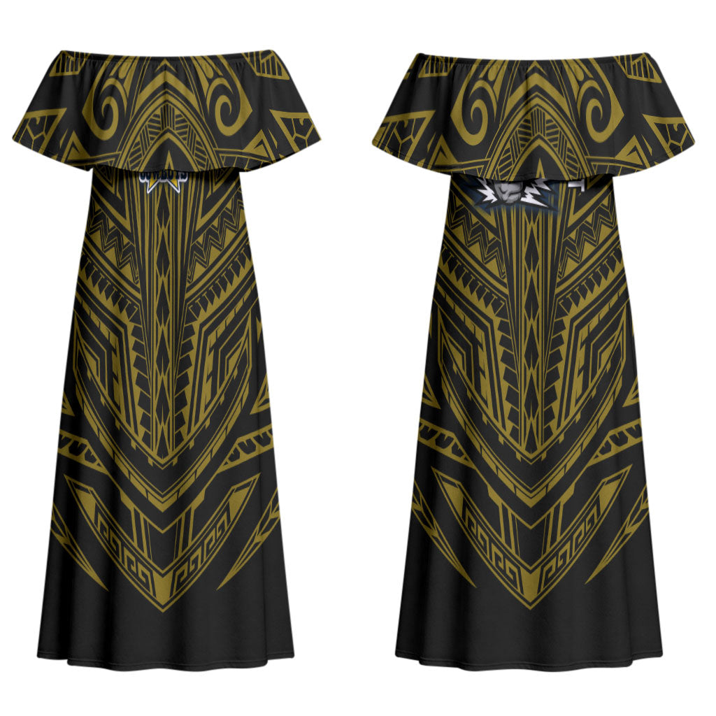 Custom North Queensland Cowboys Couples Matching Off Shoulder Maxi Dress and Long Sleeve Button Shirt Bull Warrior Polynesia Islander Rugby Mascot