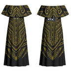 Custom North Queensland Cowboys Couples Matching Off Shoulder Maxi Dress and Long Sleeve Button Shirt Bull Warrior Polynesia Islander Rugby Mascot
