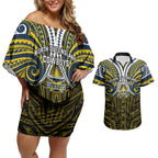 Custom North Queensland Cowboys Couples Matching Off Shoulder Short Dress and Hawaiian Shirt Bull Warrior Polynesia Islander Rugby Mascot
