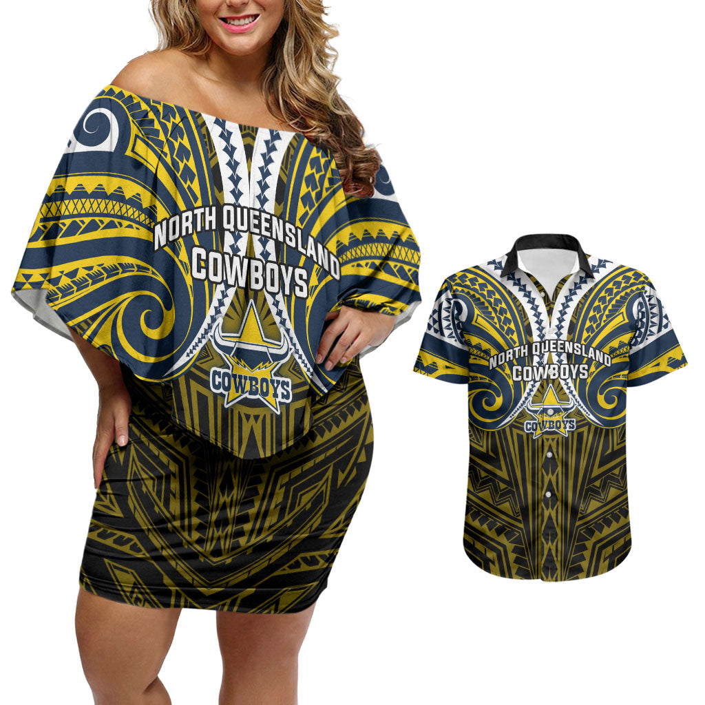 Custom North Queensland Cowboys Couples Matching Off Shoulder Short Dress and Hawaiian Shirt Bull Warrior Polynesia Islander Rugby Mascot